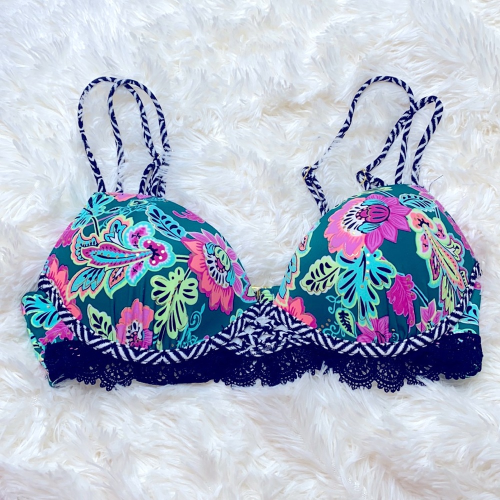 Time & Tru Green Purple Black Floral Padded Swim Top Size Medium